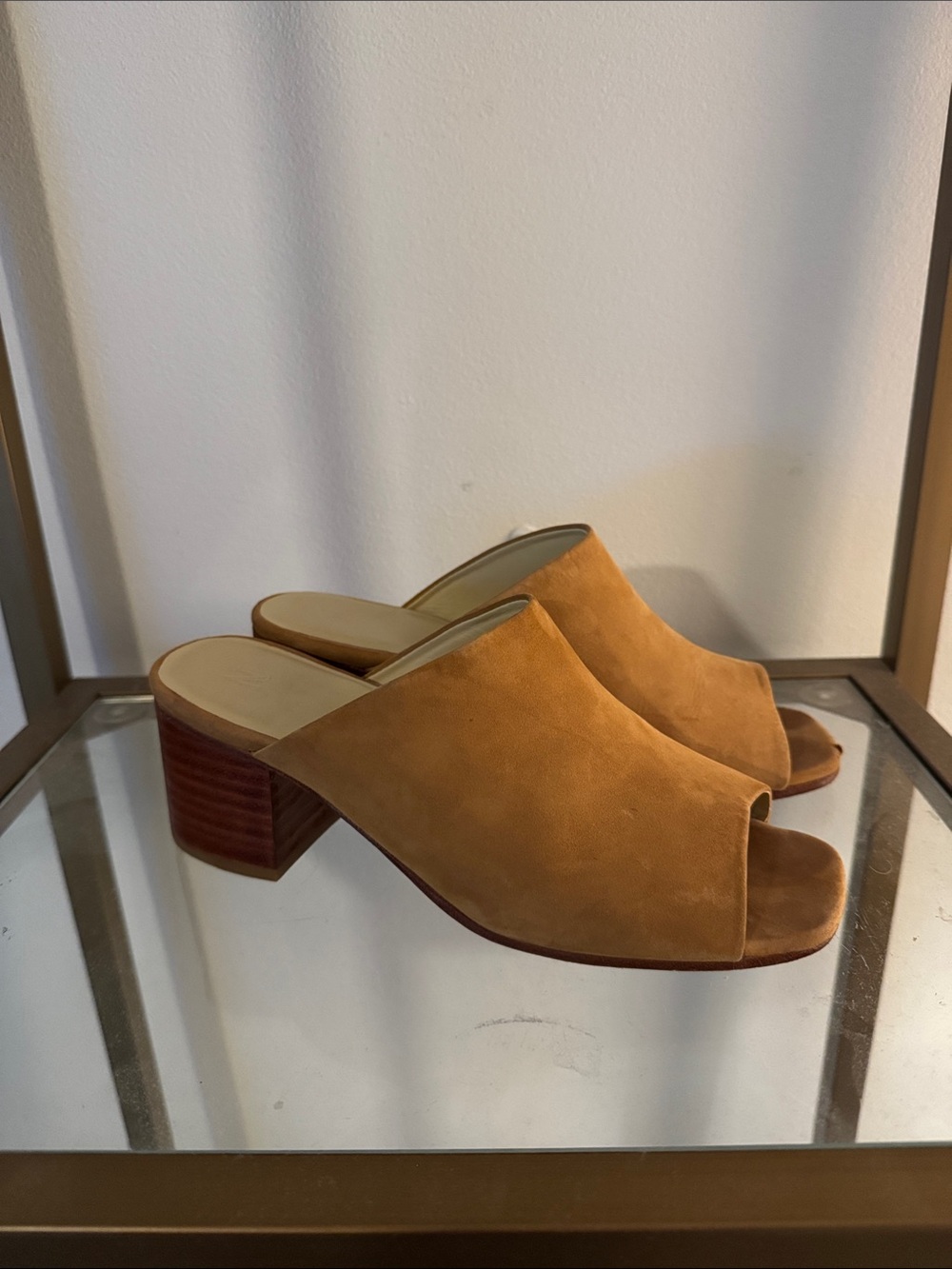 7.5 Nisolo Camel Suede Open-Toe Block Heel Mule